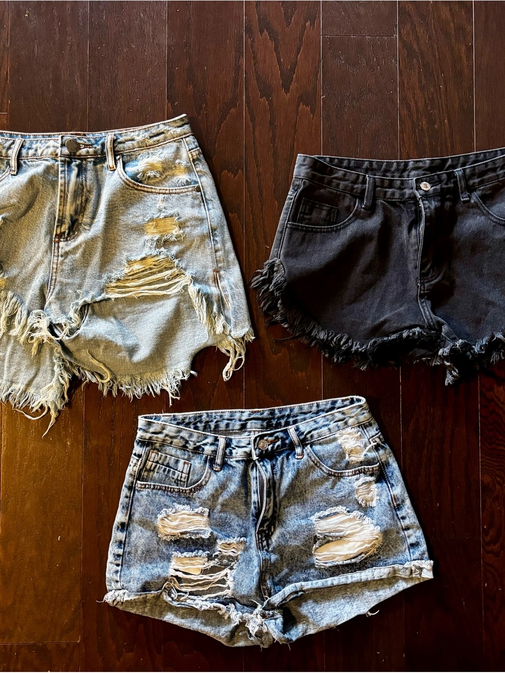 Signature8 Distressed Jean Shorts Trio - Light Blue, Medium Blue, Black